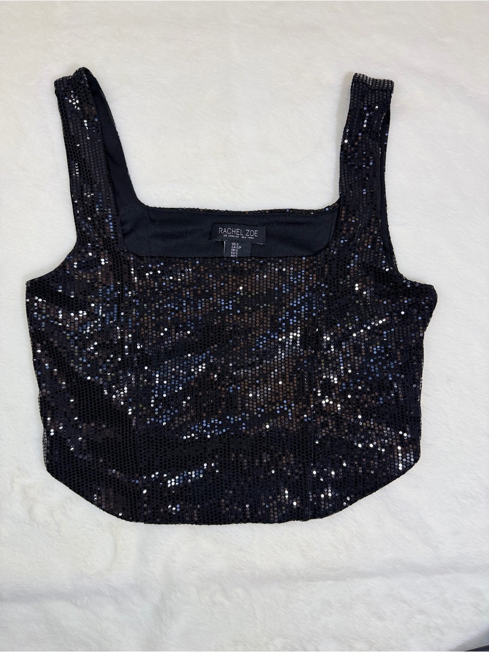 Rachel Zoe Black Sequin Corset Crop Top Women’s Size S Square Neck Party